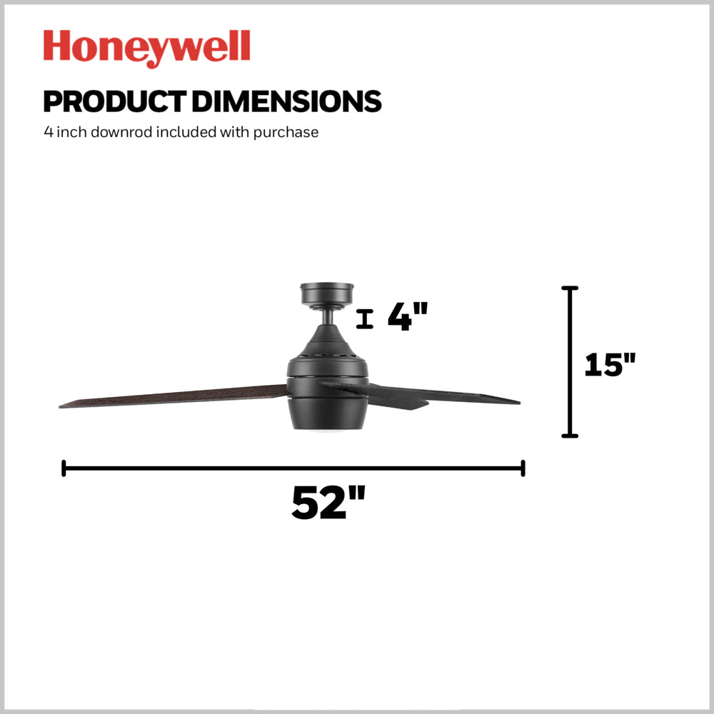 52 Inch Honeywell Eamon Matte Black Ceilling Fan with Light and Remote