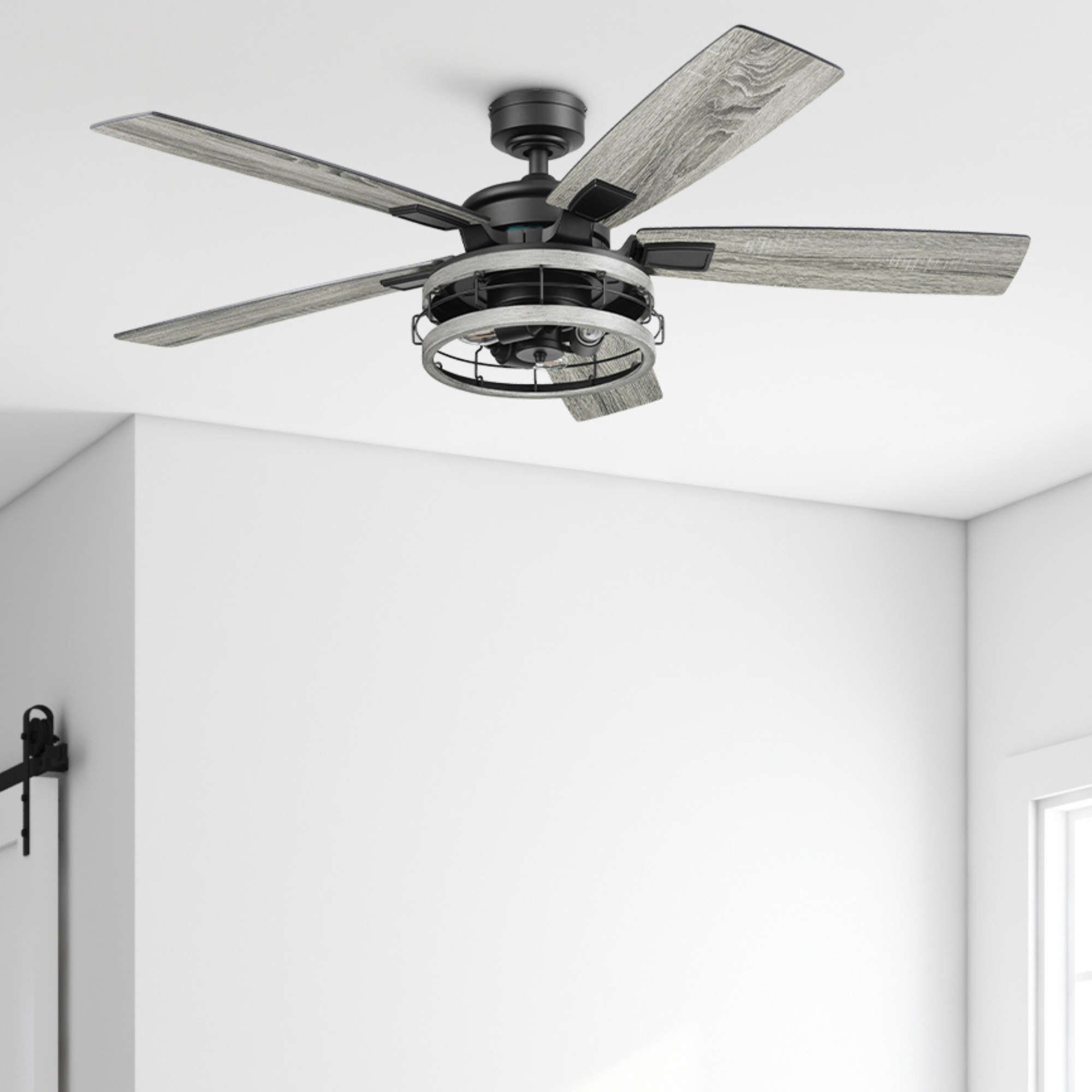 52 Inch Honeywell Carnegie Matte Black Ceiling Fan with Gray Cage Light and Remote