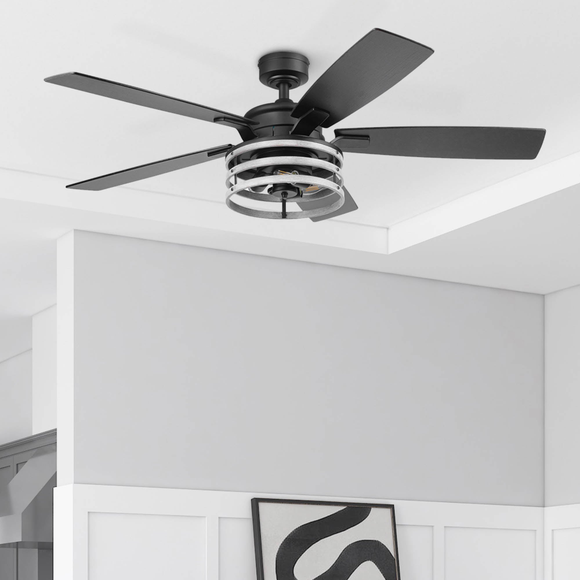 52 Inch Honeywell Carnegie Matte Black/Gray Ceiling Fan with Light and Remote