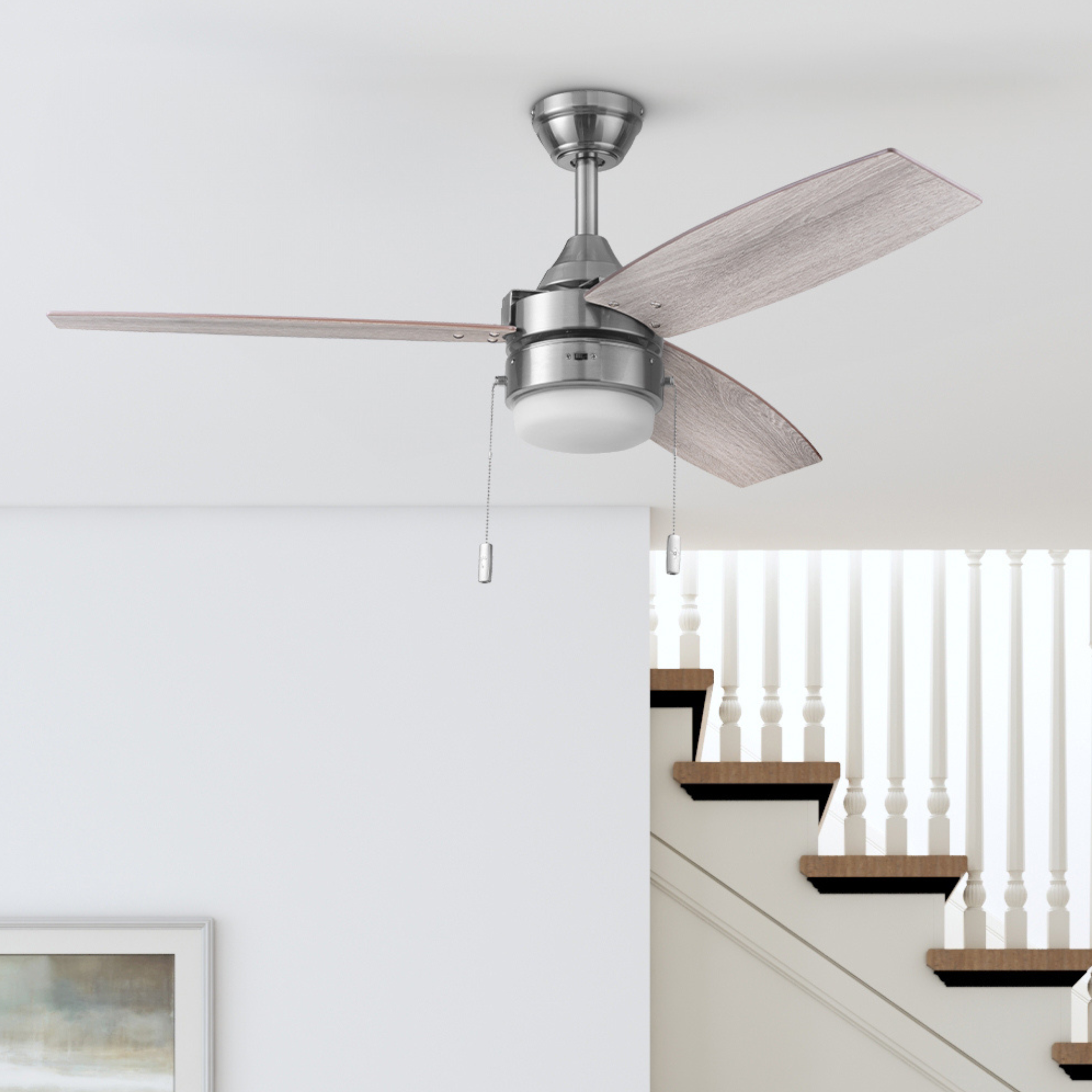 48 Inch Honeywell Berryhill Brushed Nickel Ceiling Fan with Light and Pull Chain