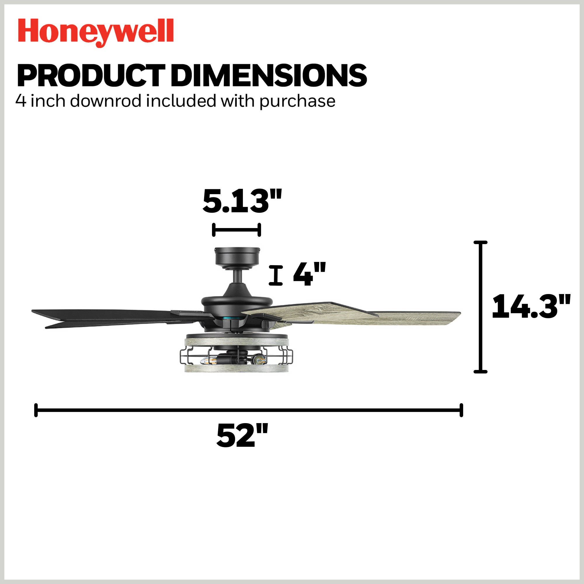 52 Inch Honeywell Carnegie Matte Black Ceiling Fan with Gray Cage Light and Remote