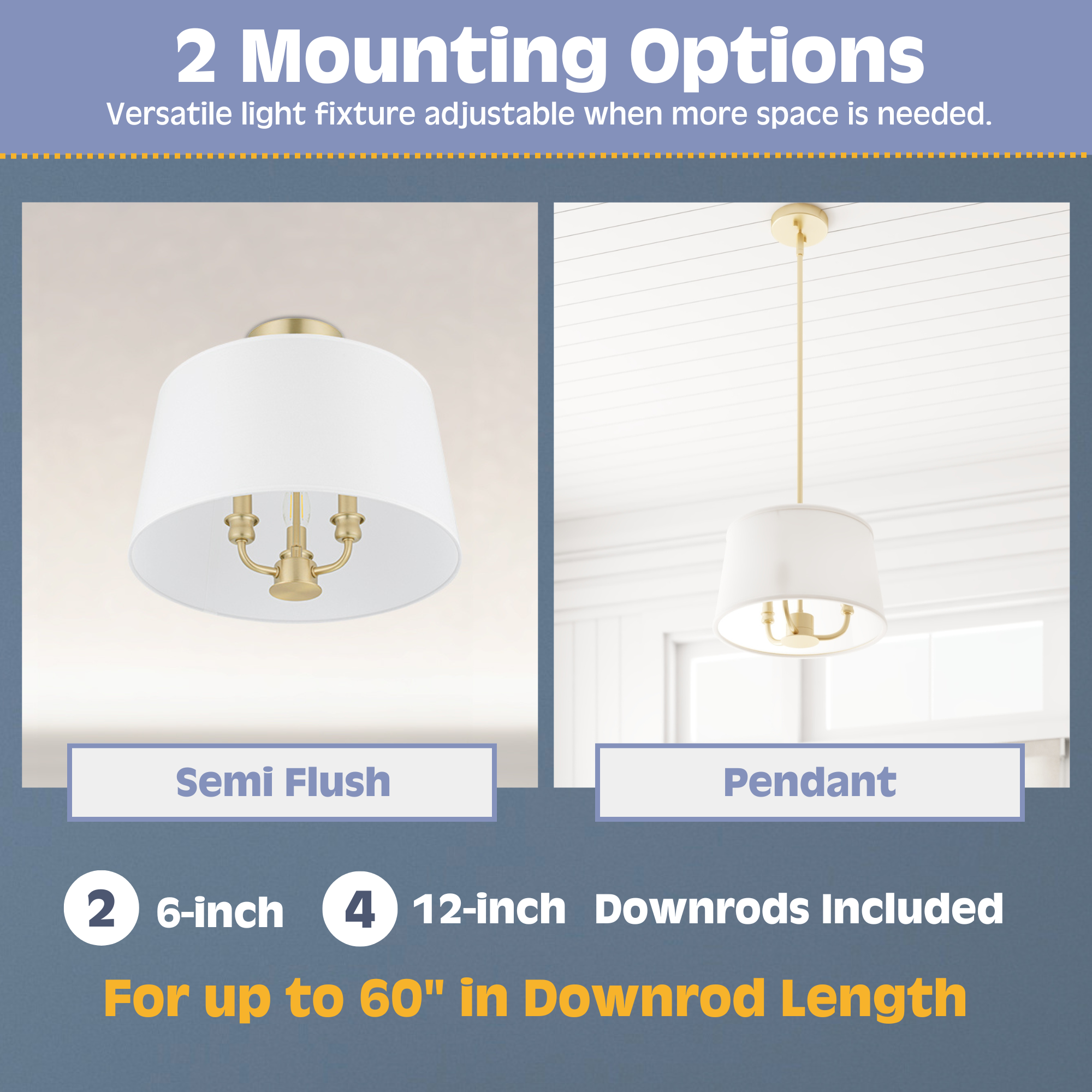 3-Light Billet Convertible Pendant/Semi-Flush, Brushed Gold, Fabric Shades