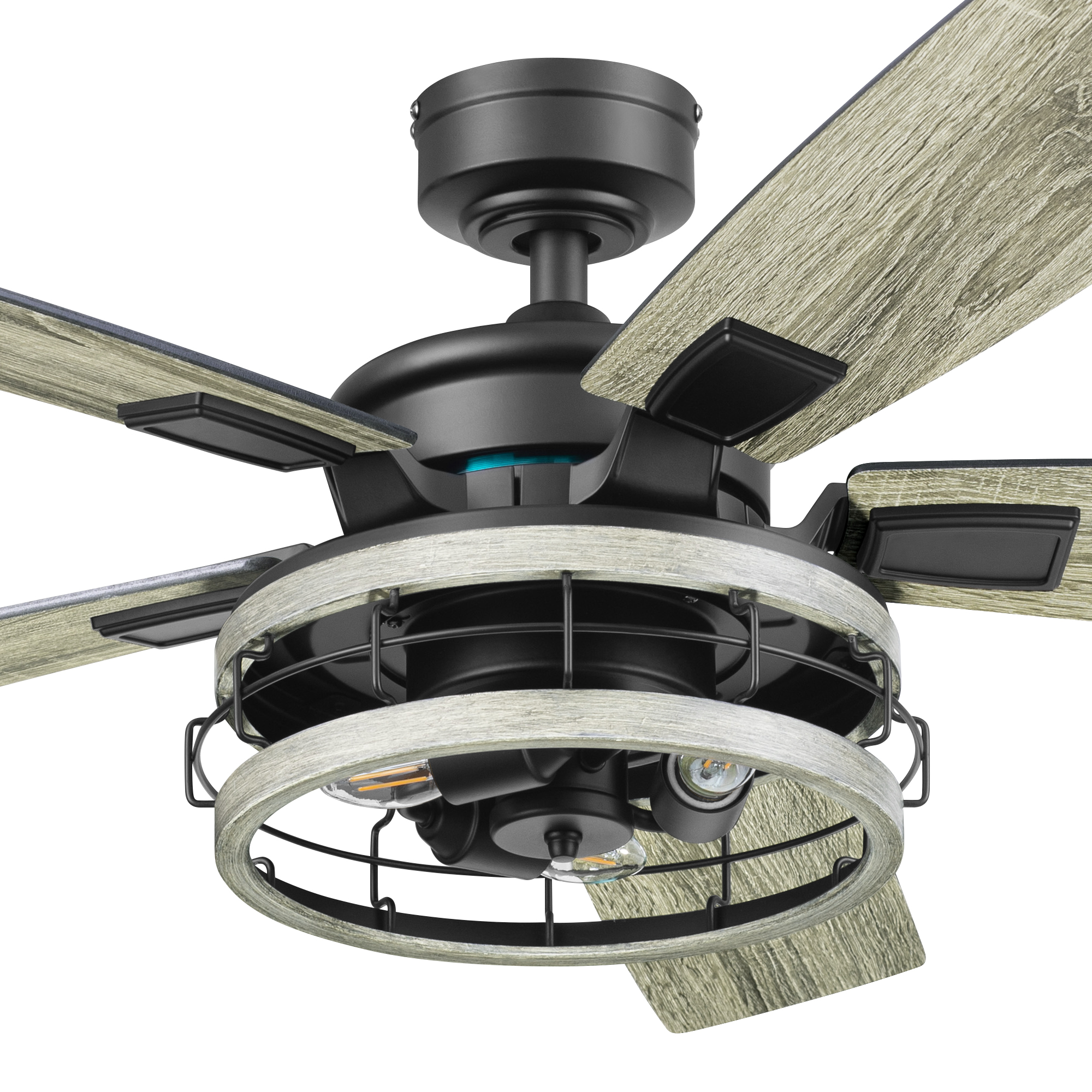 52 Inch Honeywell Carnegie Matte Black Ceiling Fan with Gray Cage Light and Remote