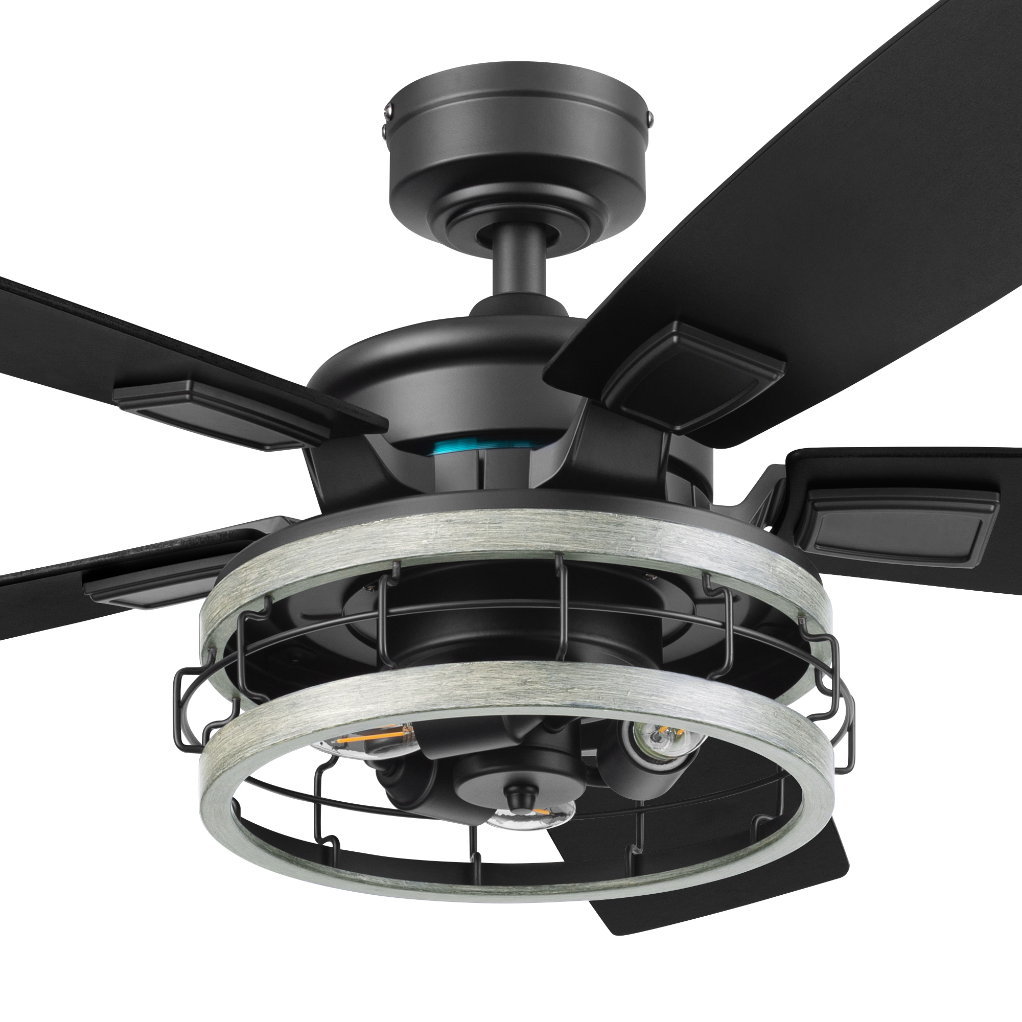 52 Inch Honeywell Carnegie Matte Black Ceiling Fan with Gray Cage Light and Remote