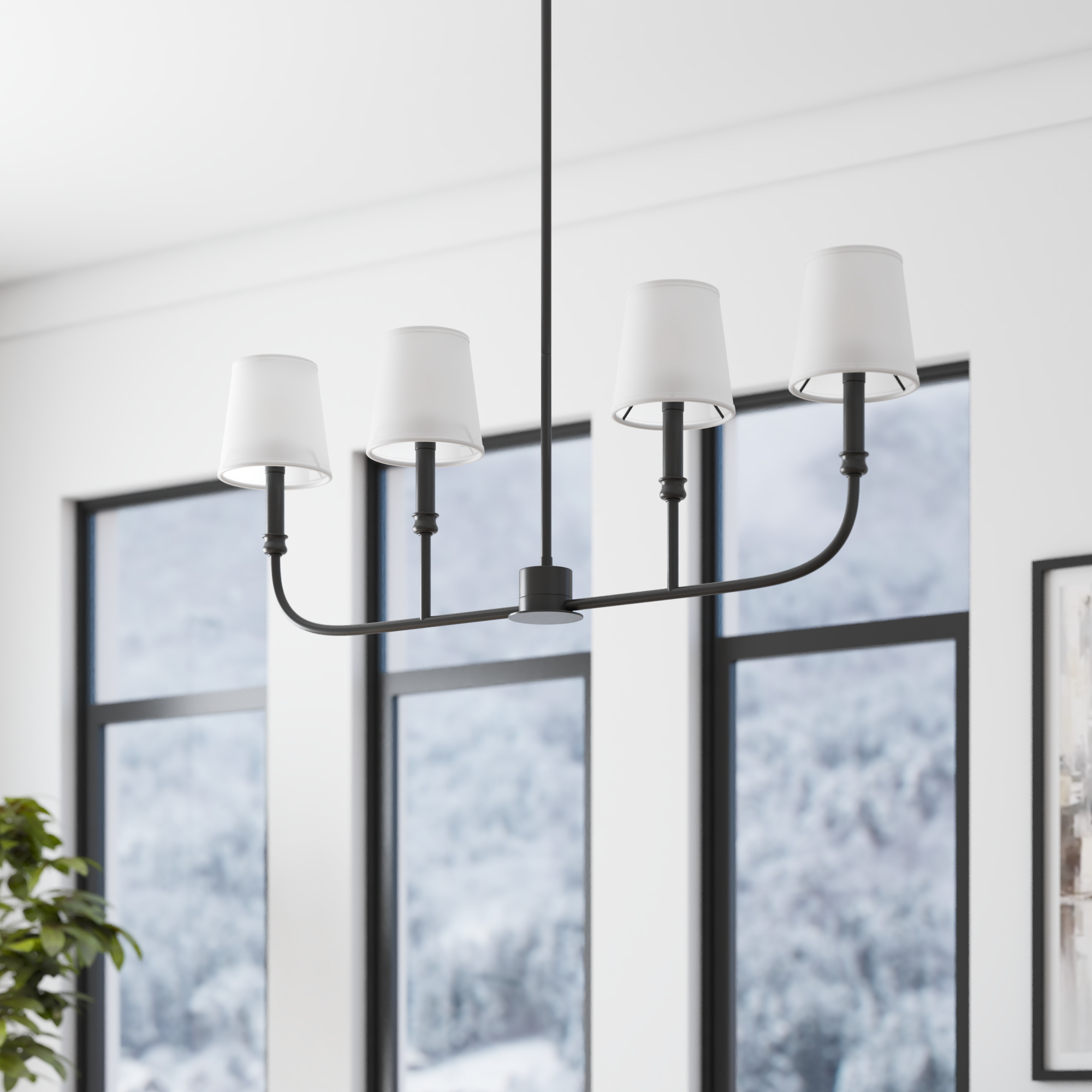 4-Light Billet Linear Chandelier, Matte Black, Fabric Shades