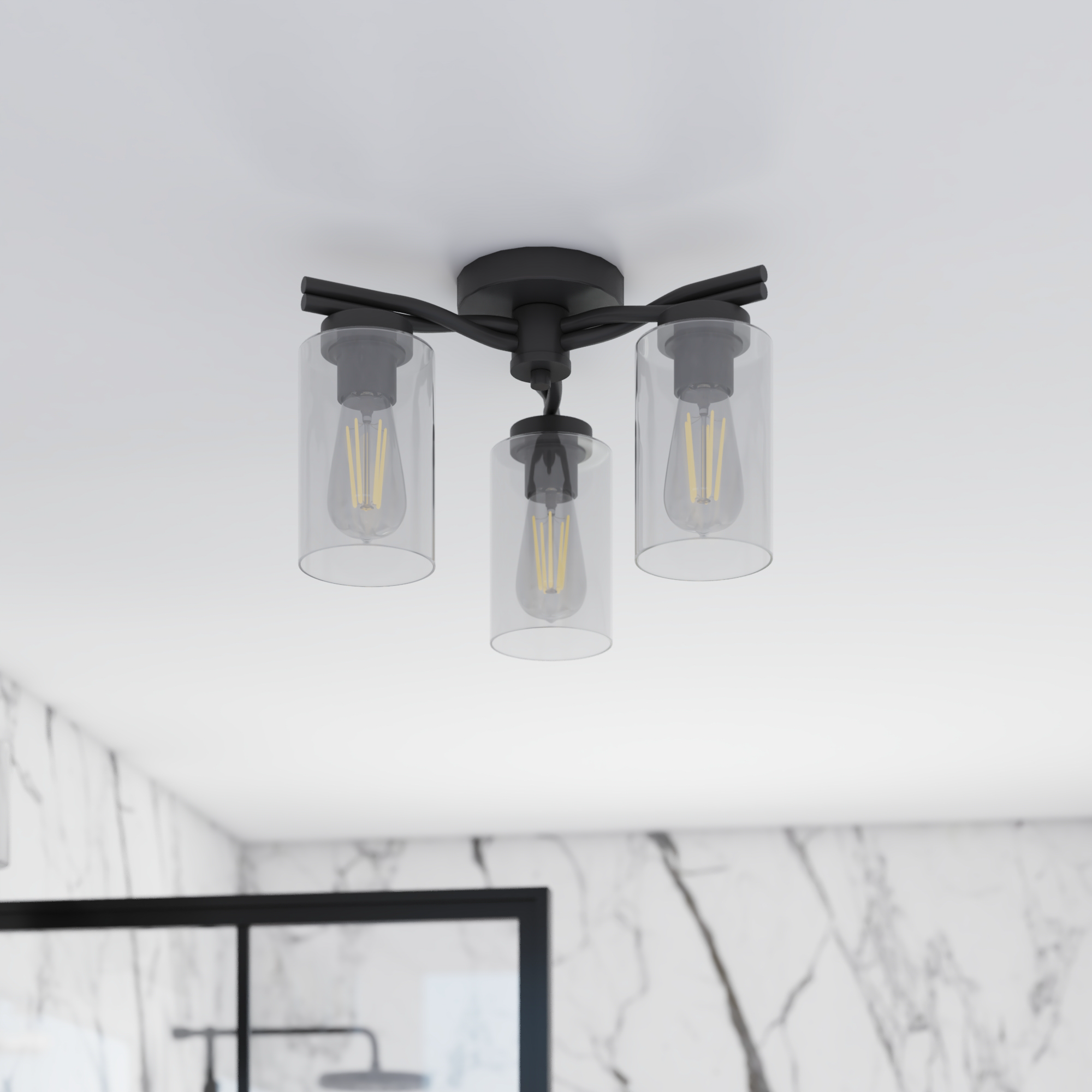 3-Light Lantier Semi-Flush, Matte Black, Clear Glass