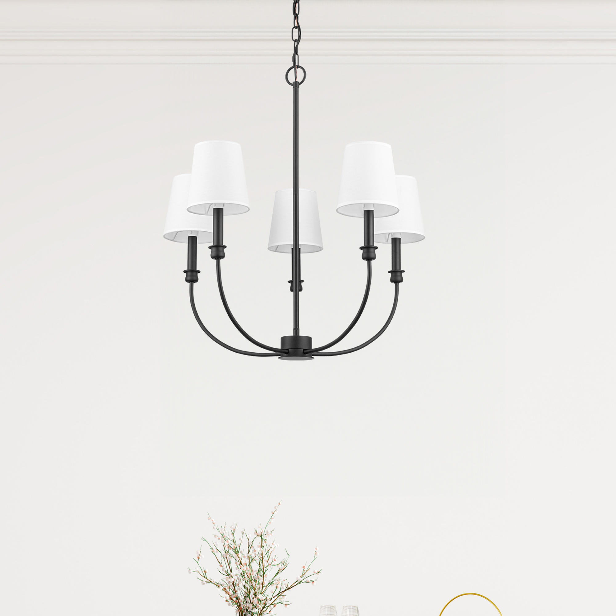 5-Light Billet Chandelier, Matte Black, Fabric Shades