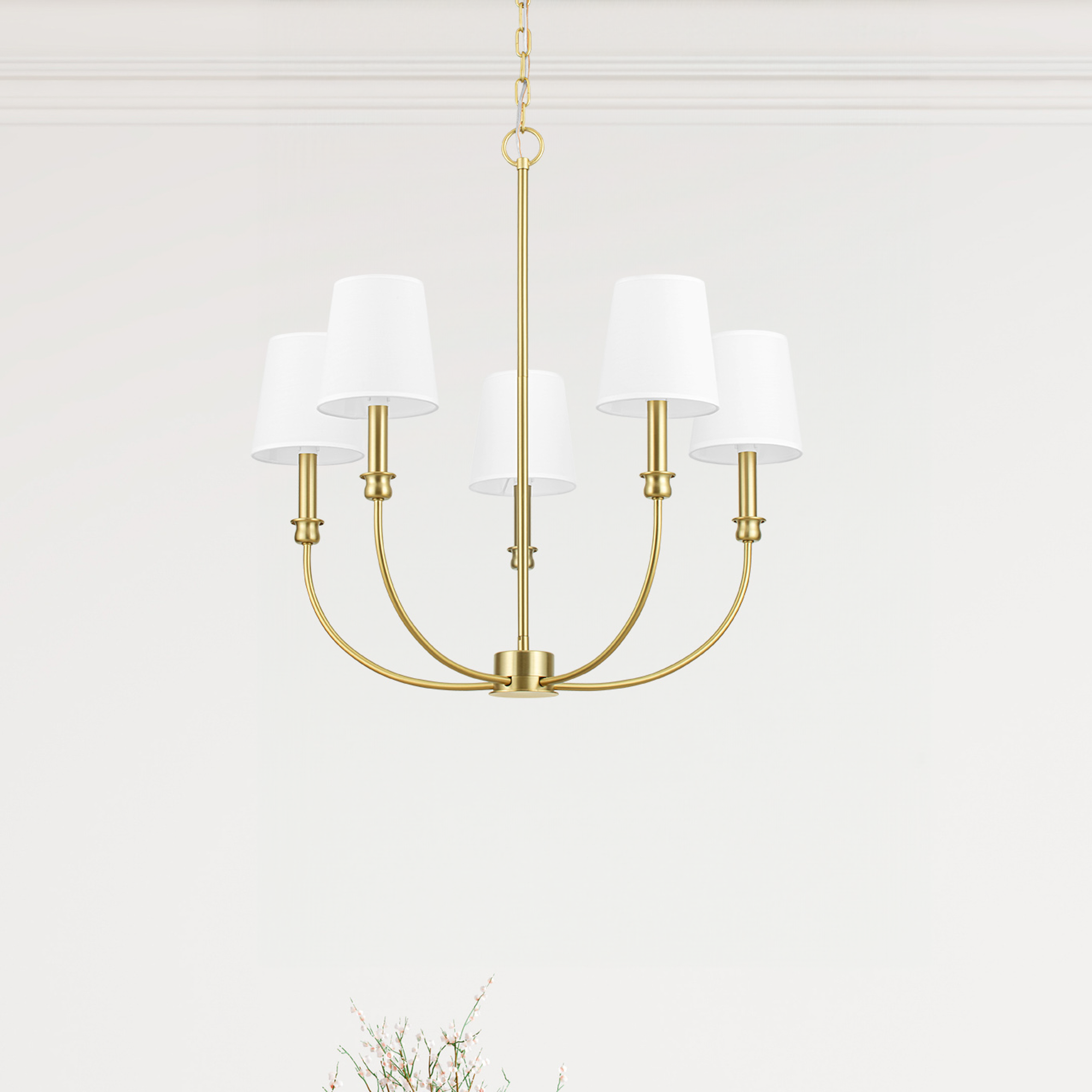 5-Light Billet Chandelier, Brushed Gold, Fabric Shades