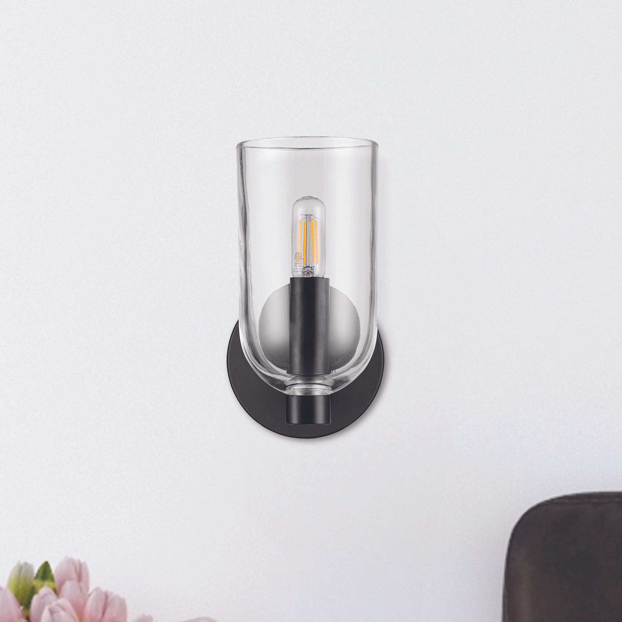 1-Light Hansley Wall Sconce, Matte Black, Clear Glass