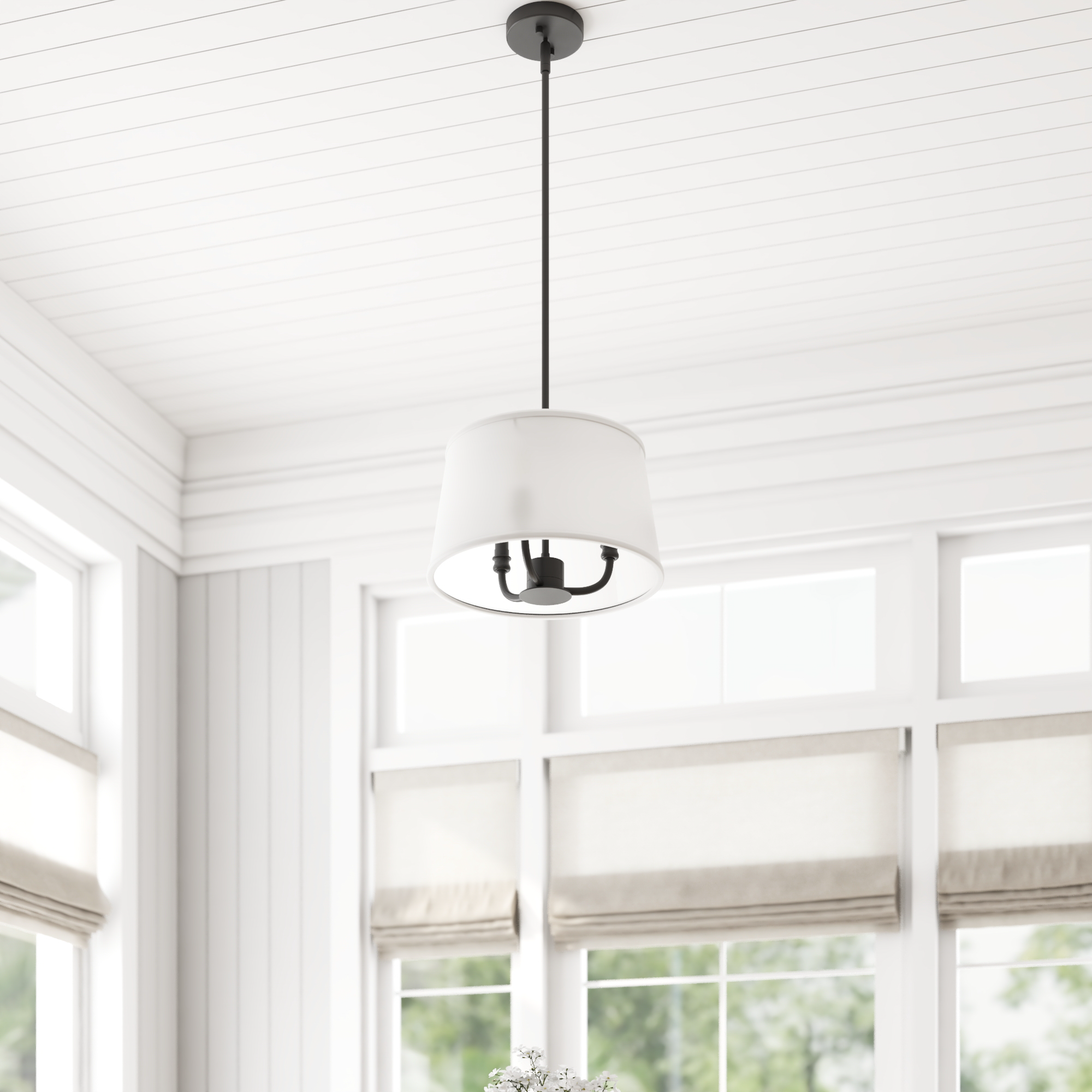 3-Light Billet Convertible Pendant/Semi-Flush, Matte Black, Fabric Shades