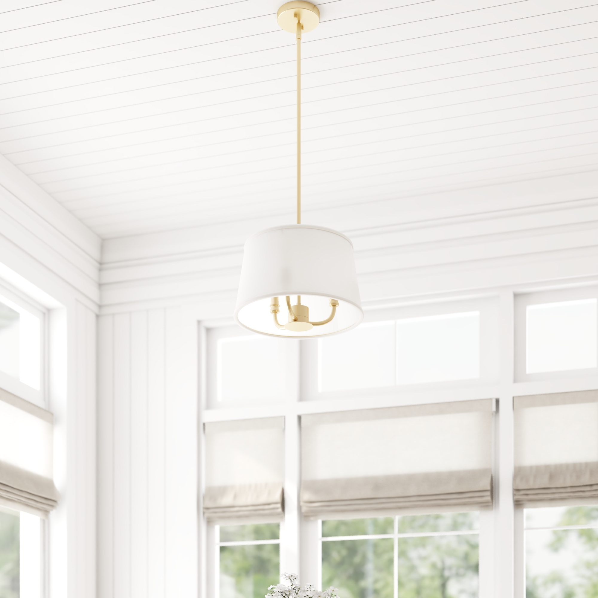 3-Light Billet Convertible Pendant/Semi-Flush, Brushed Gold, Fabric Shades