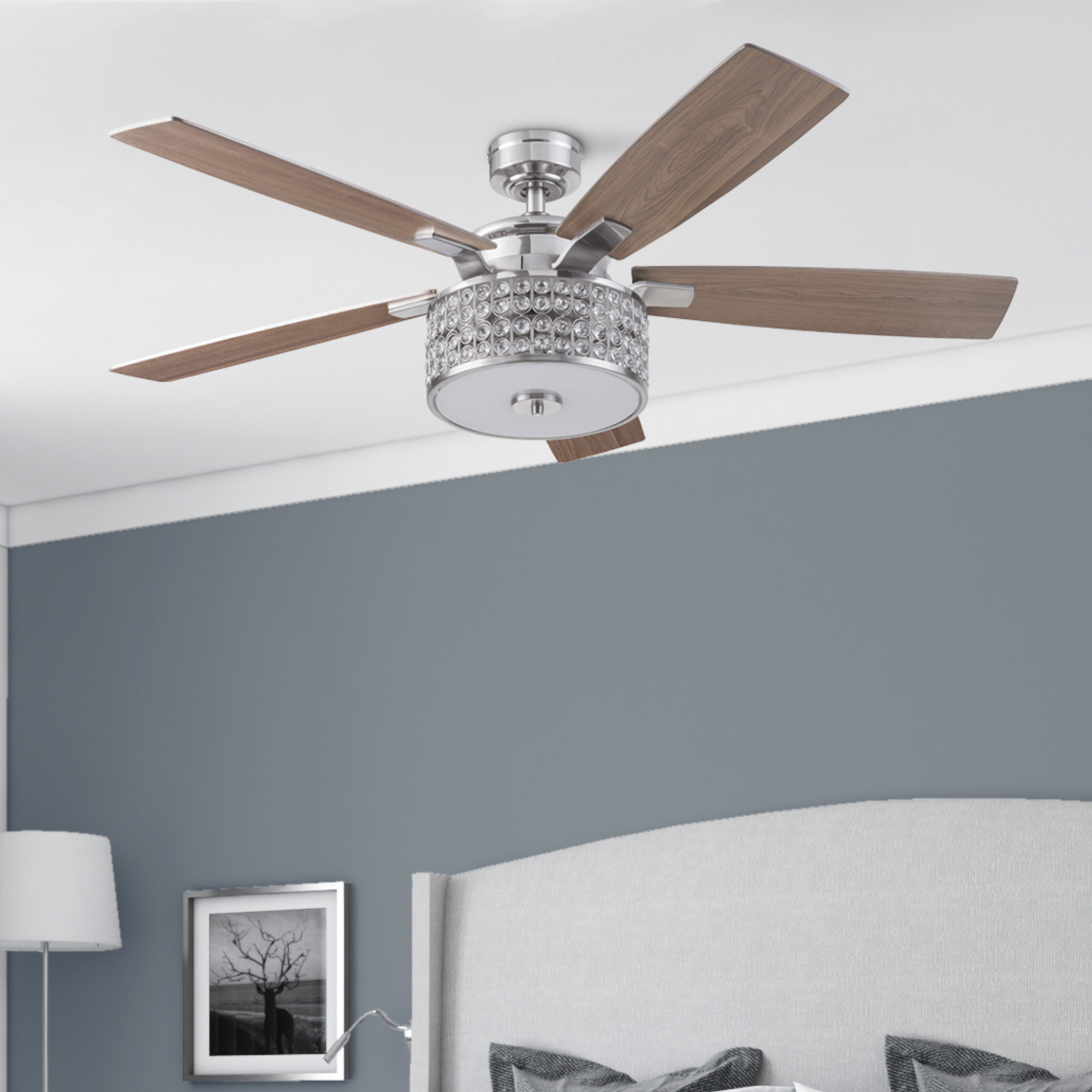 52 Inch Lanissa Chandelier Crystal Glass Kit, Brushed Nickel, Remote Control, Quick Attach™ Ceiling Fan