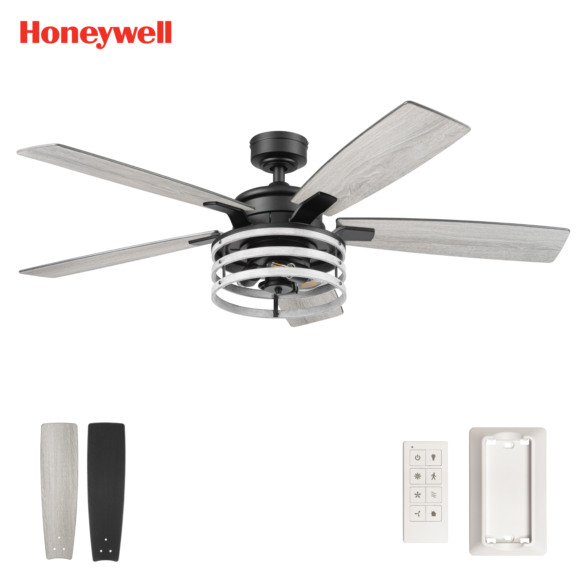 52 Inch Honeywell Carnegie Matte Black/Gray Ceiling Fan with Light and Remote