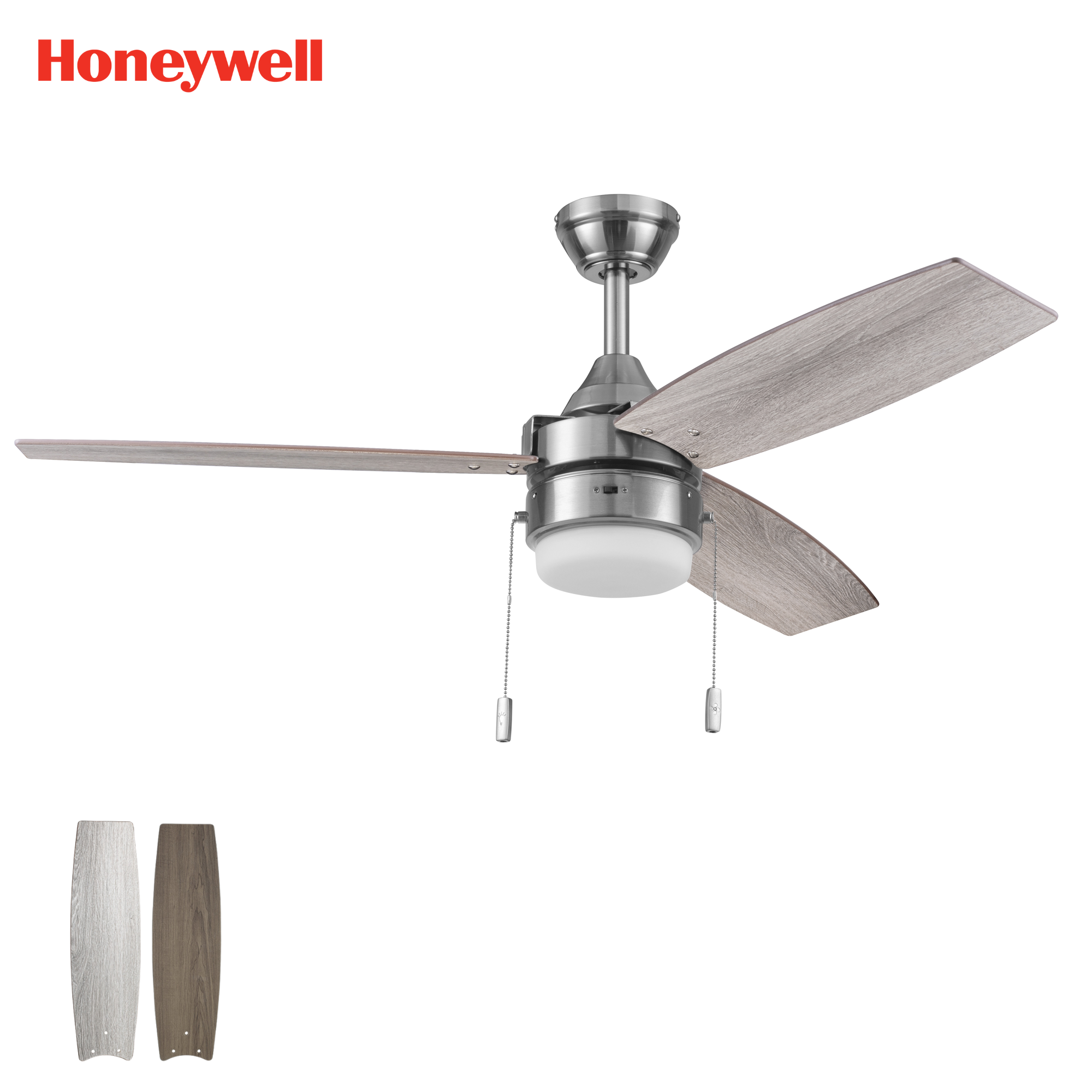 48 Inch Honeywell Berryhill Brushed Nickel Ceiling Fan with Light and Pull Chain