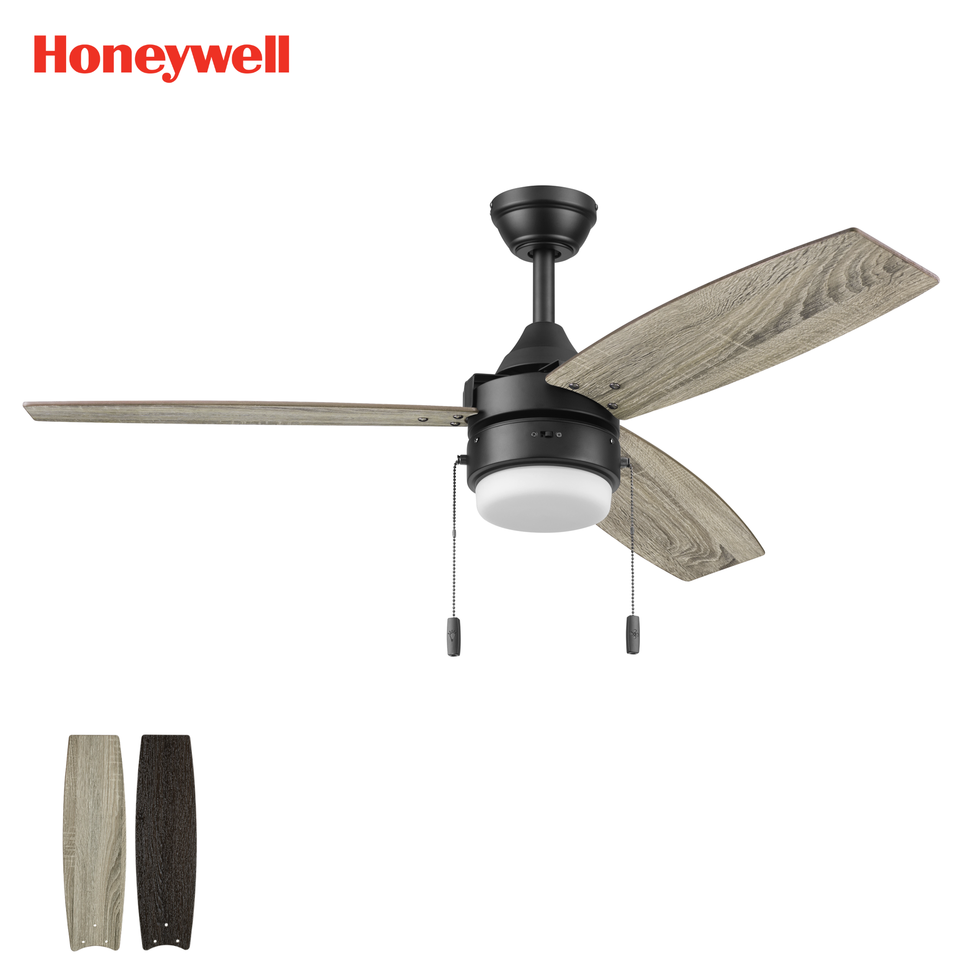 48 Inch Honeywell Berryhill Matte Black Ceiling Fan with Light and Pull Chain