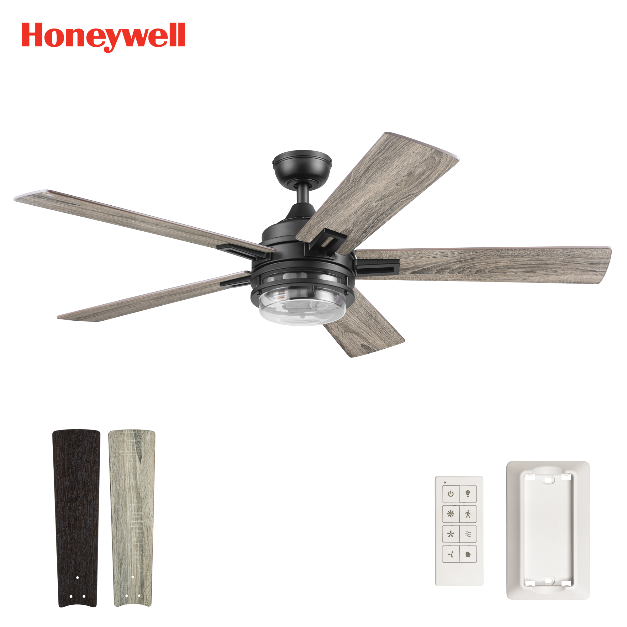 52 Inch Honeywell Myers Park Matte Black Ceiling Fan with Light and Remote