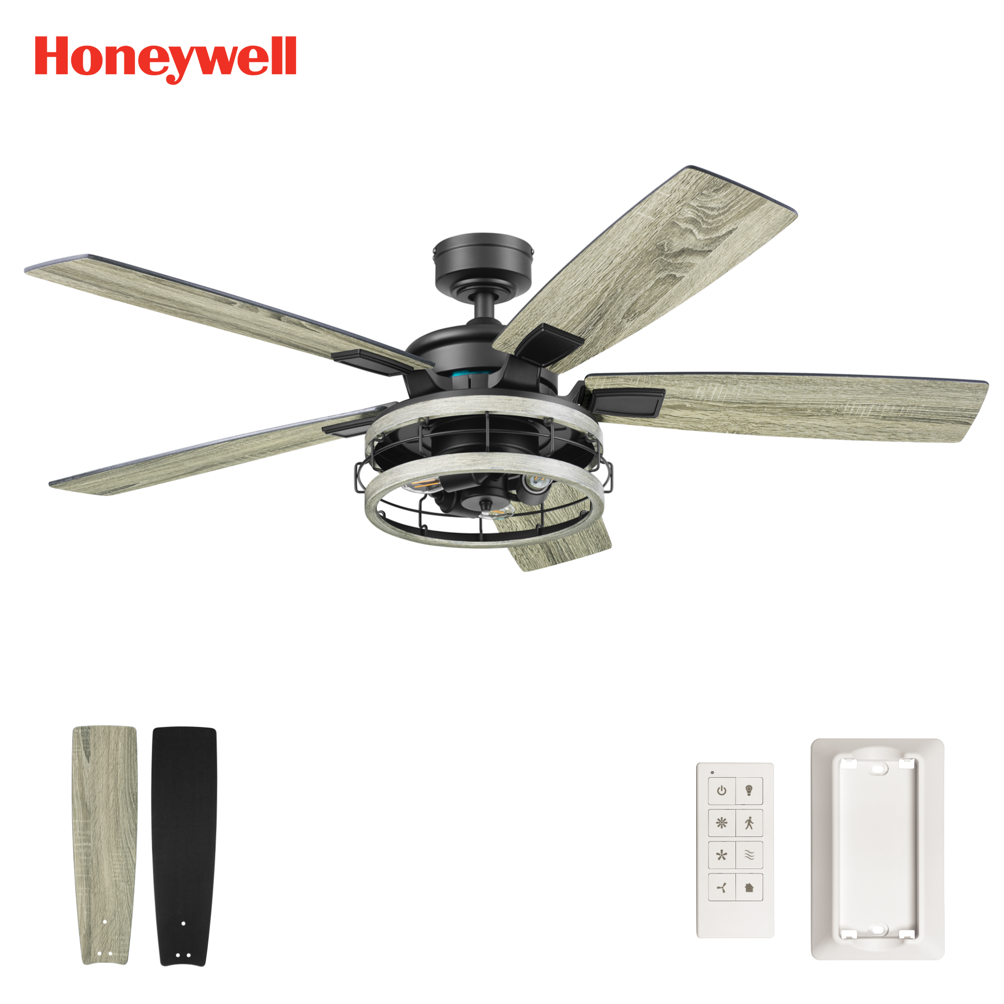 52 Inch Honeywell Carnegie Matte Black Ceiling Fan with Gray Cage Light and Remote