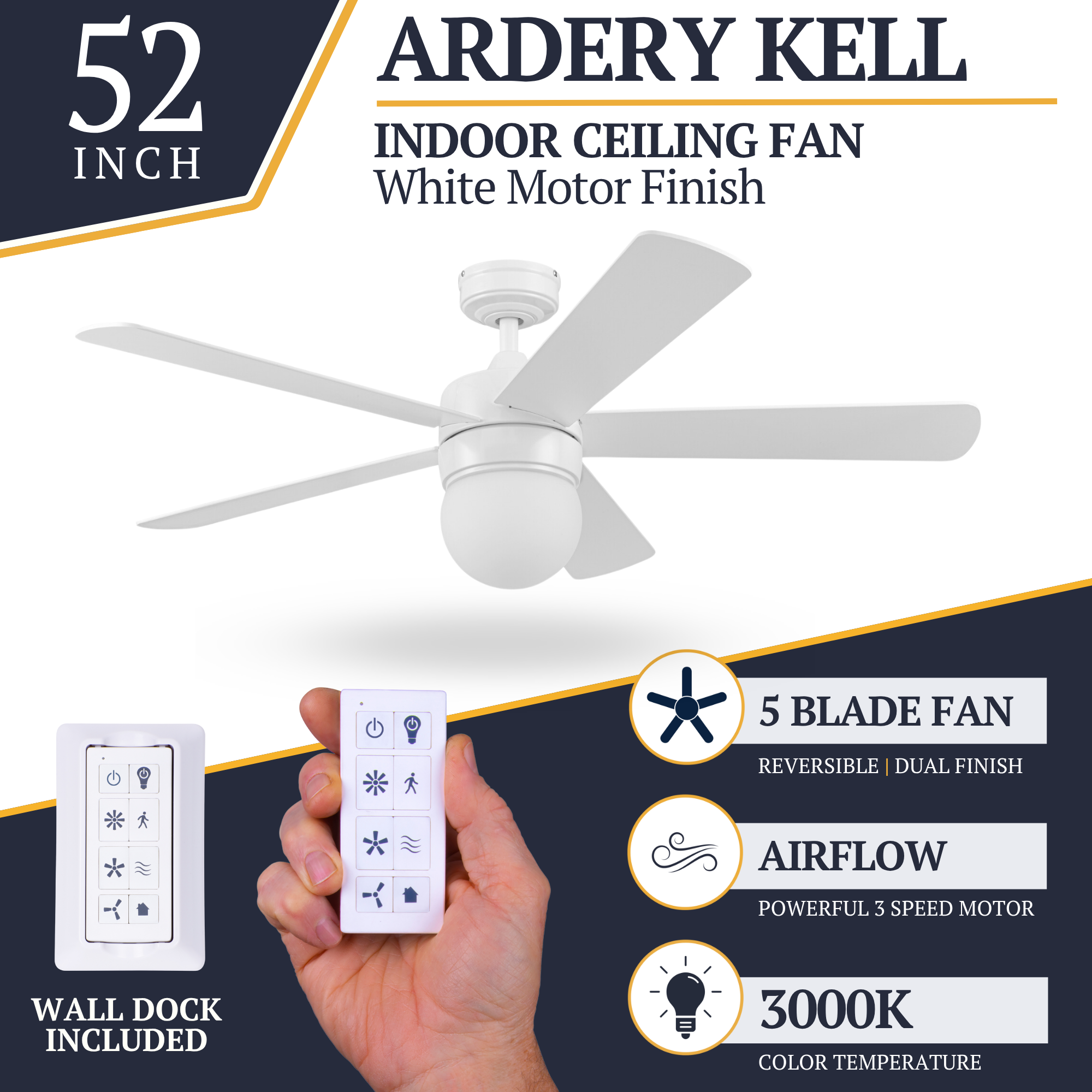 52 Inch Ardrey Kell, White, Remote Control, Ceiling Fan 52 Inch Ardrey Kell, White, Remote Control, Ceiling Fan