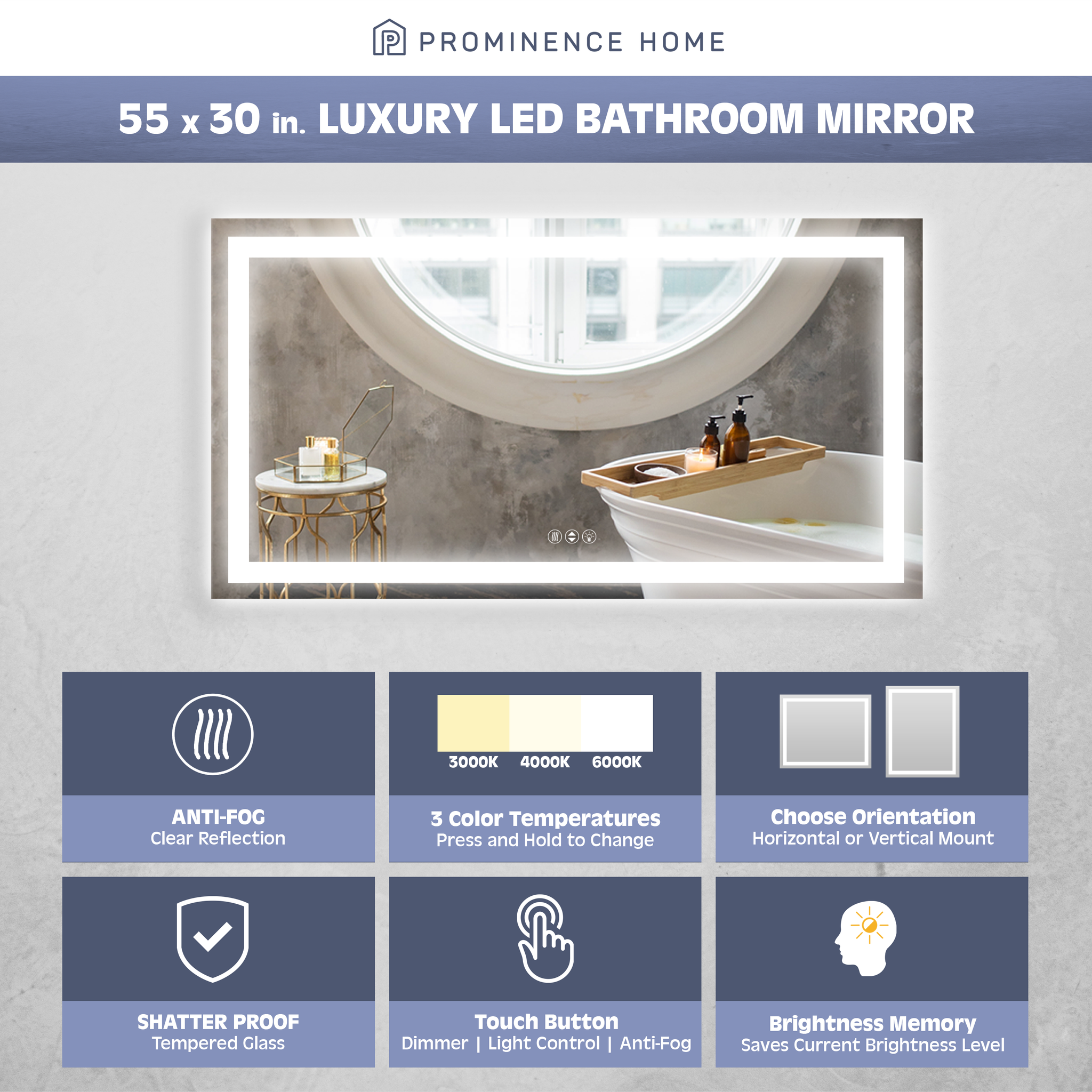 Luxury LED Bathroom/Wall Mirror with Front and Back Light, Anti Fog, Shatter Resistant and Adjustable Light Settings, 55 in x 30 in by Prominence Home