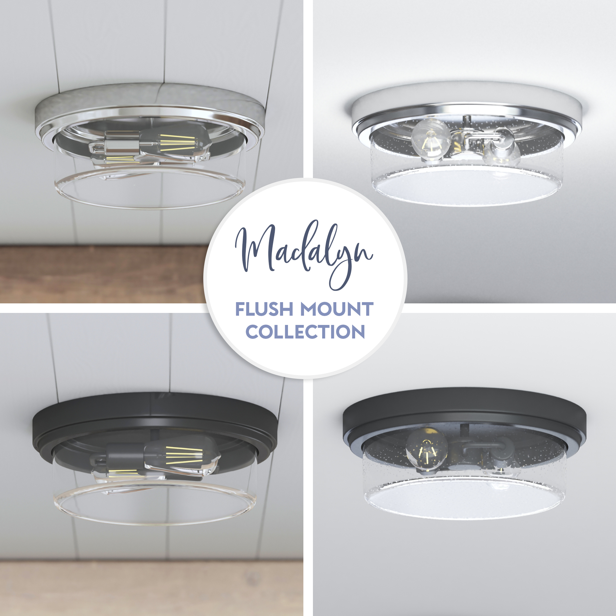 Madalyn, Drum Flushmount Light Fixture, Clear Seeded Glass, Brushed Nickel by Prominence Home