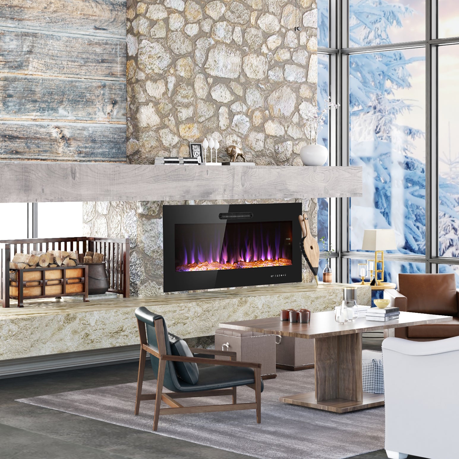 42 Inch LED Slim Design Electric Fireplace Insert and Wall Mounted Fir ...