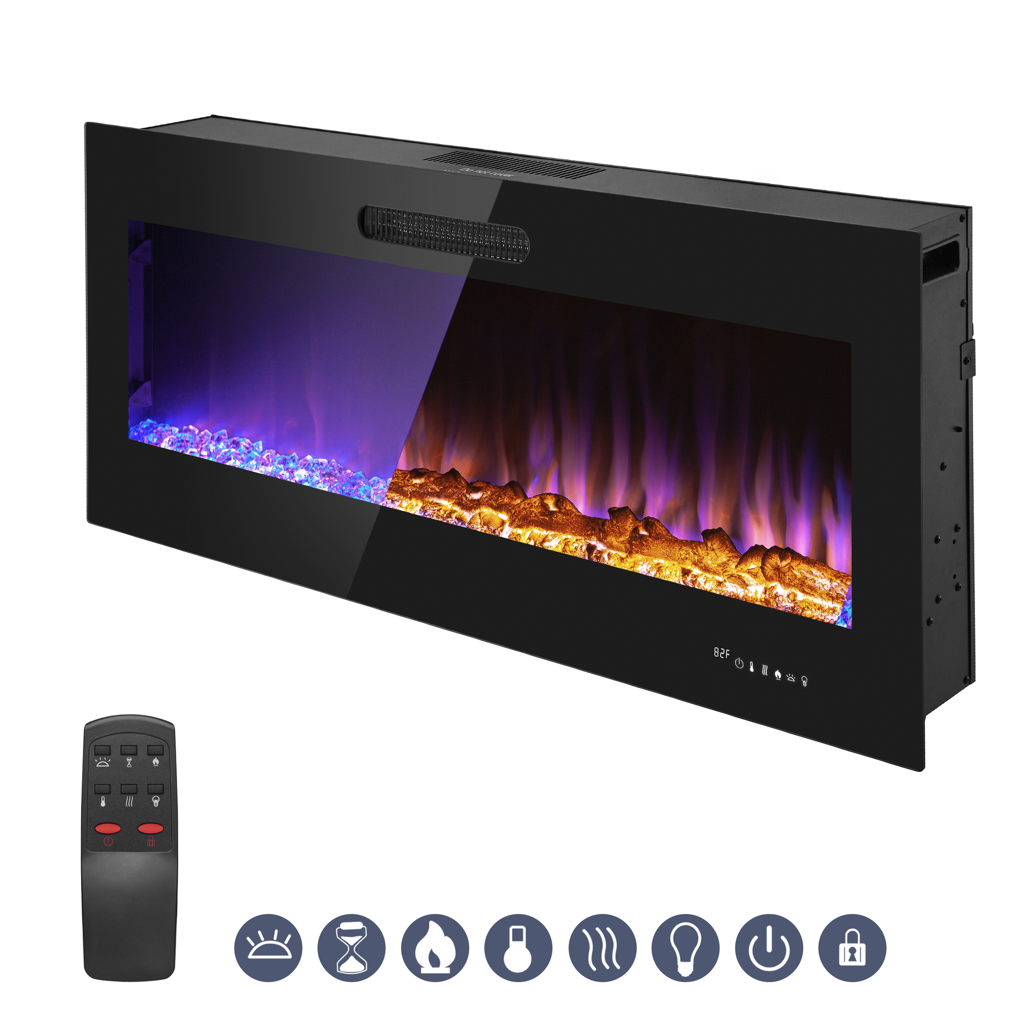 50 Inch LED Slim Design Electric Fireplace Insert and Wall Mounted Fireplace with 1500 Watt Heater, Log & Crystal Ember Options, Adjustable Realistic Flame and Remote Control by Prominence Home