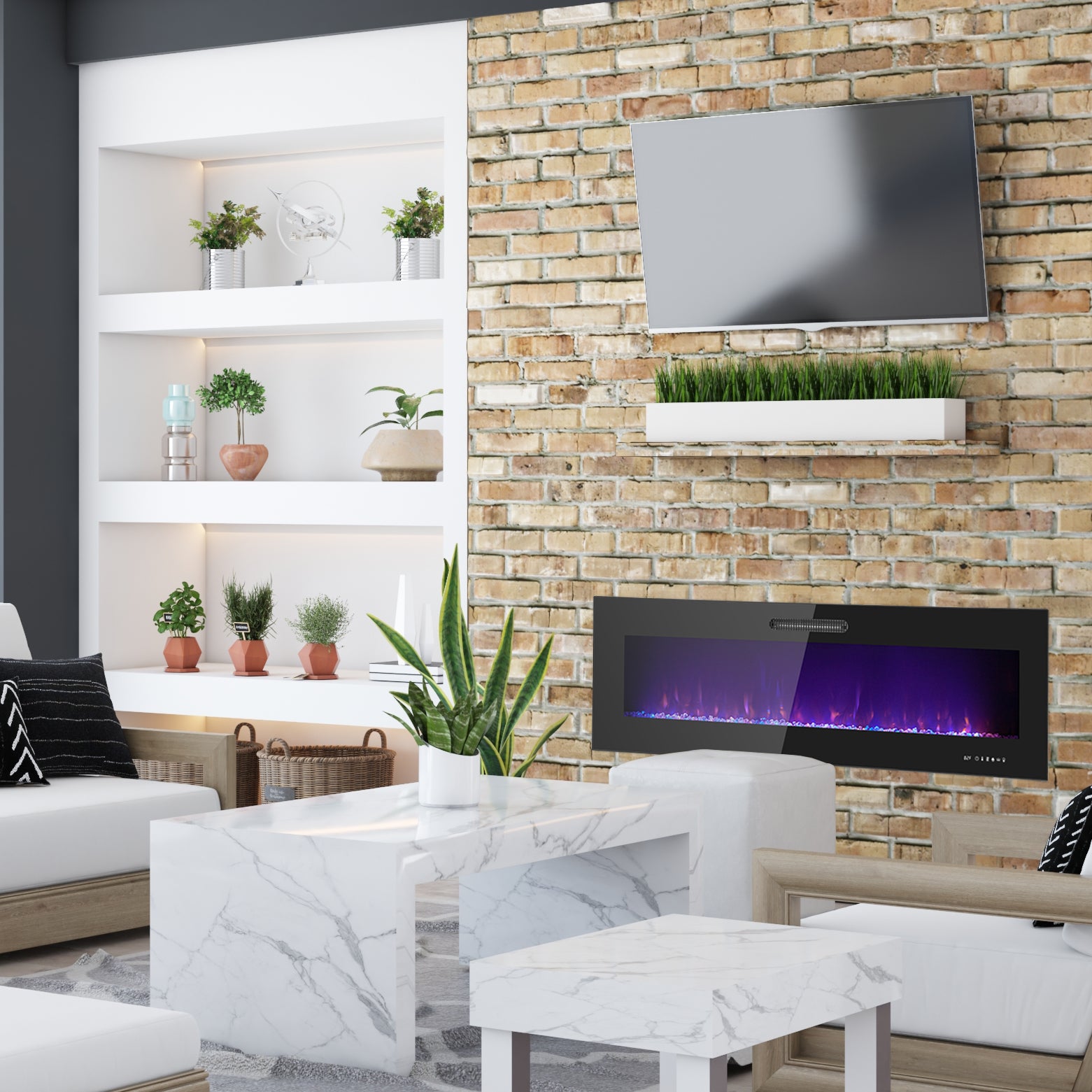 60 Inch LED Slim Design Electric Fireplace Insert and Wall Mounted Fir ...