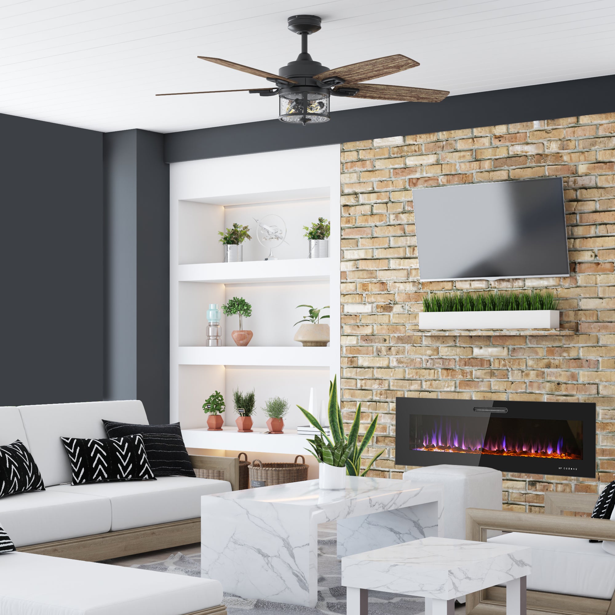 60 Inch LED Slim Design Electric Fireplace Insert and Wall Mounted Fir ...