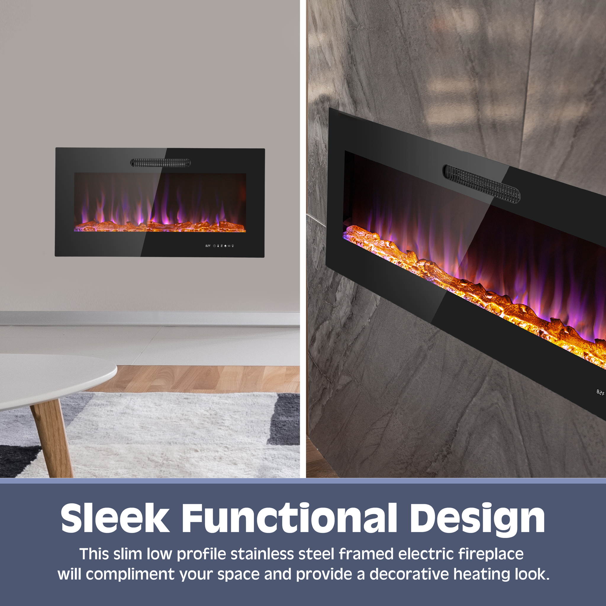 50 Inch LED Slim Design Electric Fireplace Insert and Wall Mounted Fireplace with 1500 Watt Heater, Log & Crystal Ember Options, Adjustable Realistic Flame and Remote Control by Prominence Home