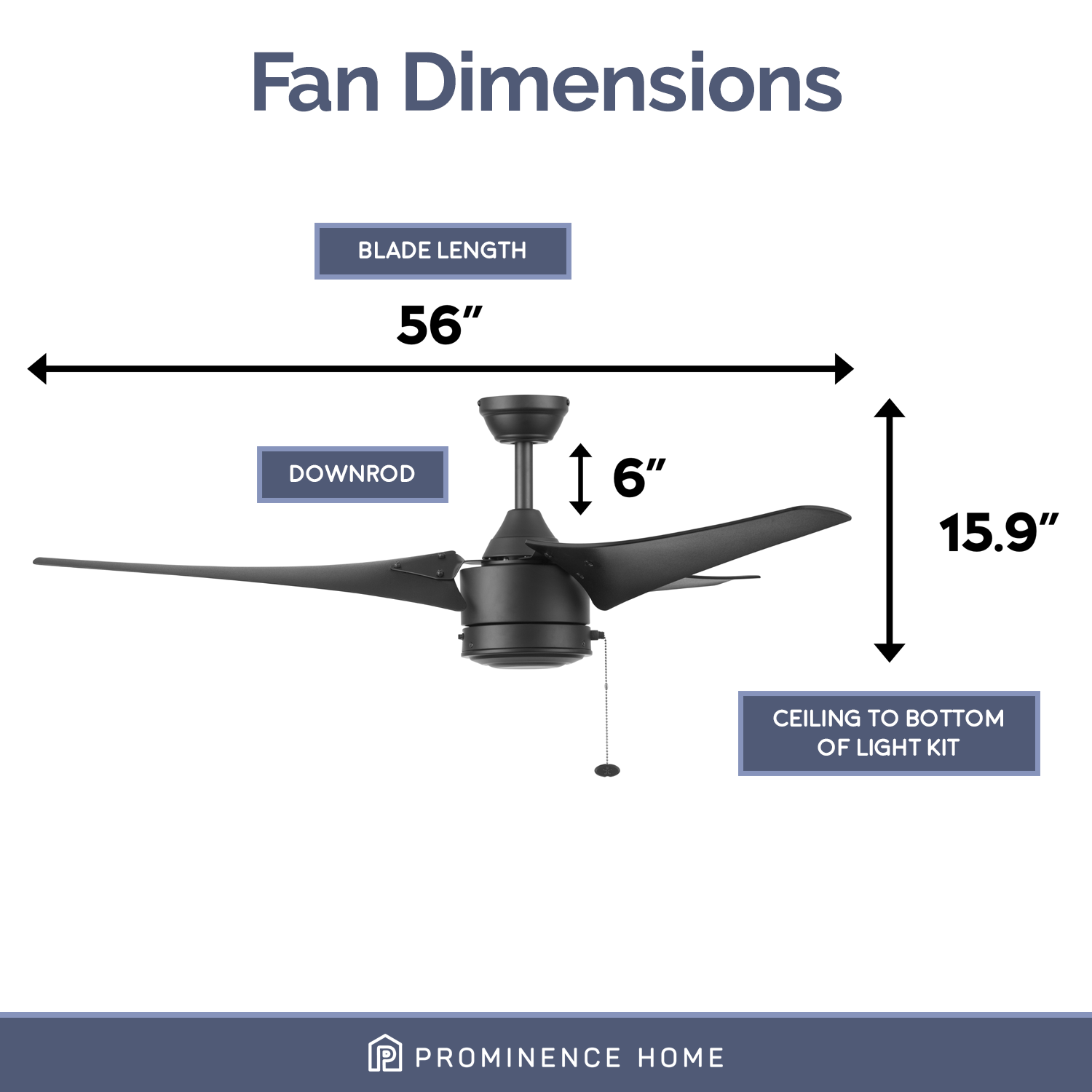 56 Inch Talib, Matte Black, Pull Chain, Indoor/Outdoor Ceiling Fan by Prominence Home
