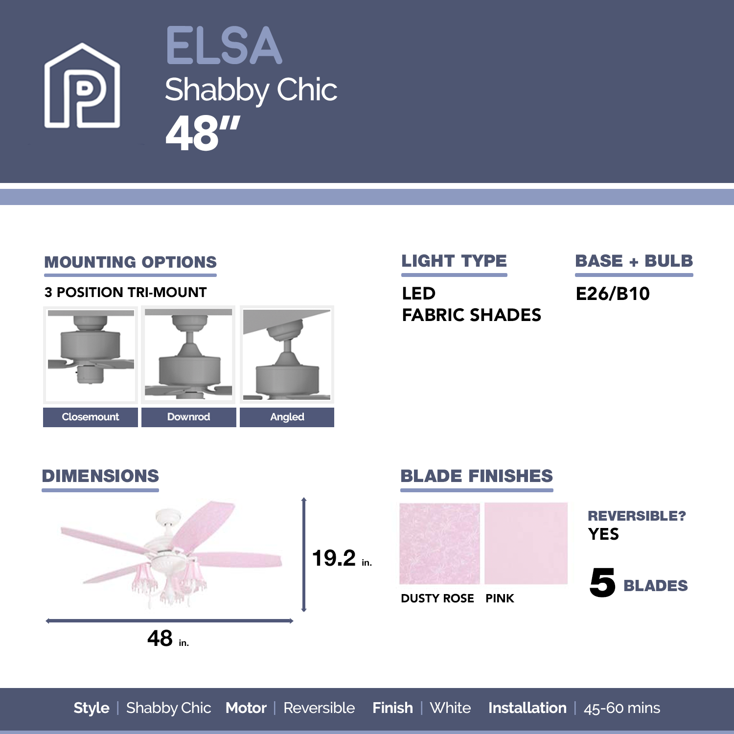 48 Inch Elsa, White / Pink, Pull Chain, Ceiling Fan by Prominence Home