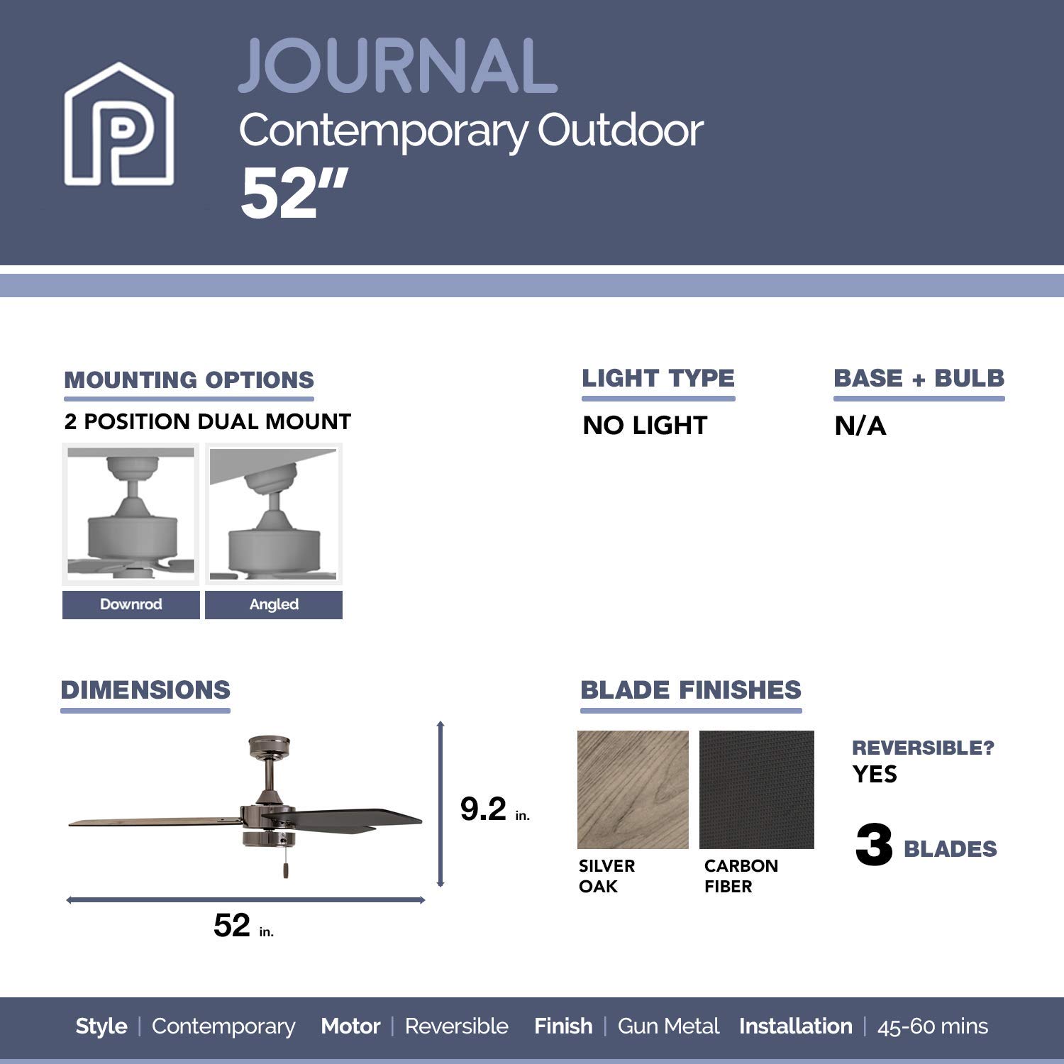 52 Inch Journal, Gun Metal, Pull Chain, Indoor/Outdoor Ceiling Fan by Prominence Home