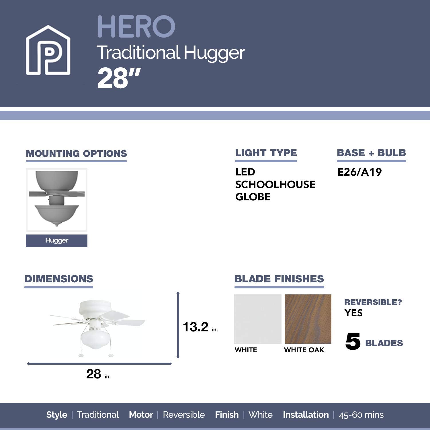 28 Inch Hero, White, Pull Chain, Ceiling Fan by Prominence Home