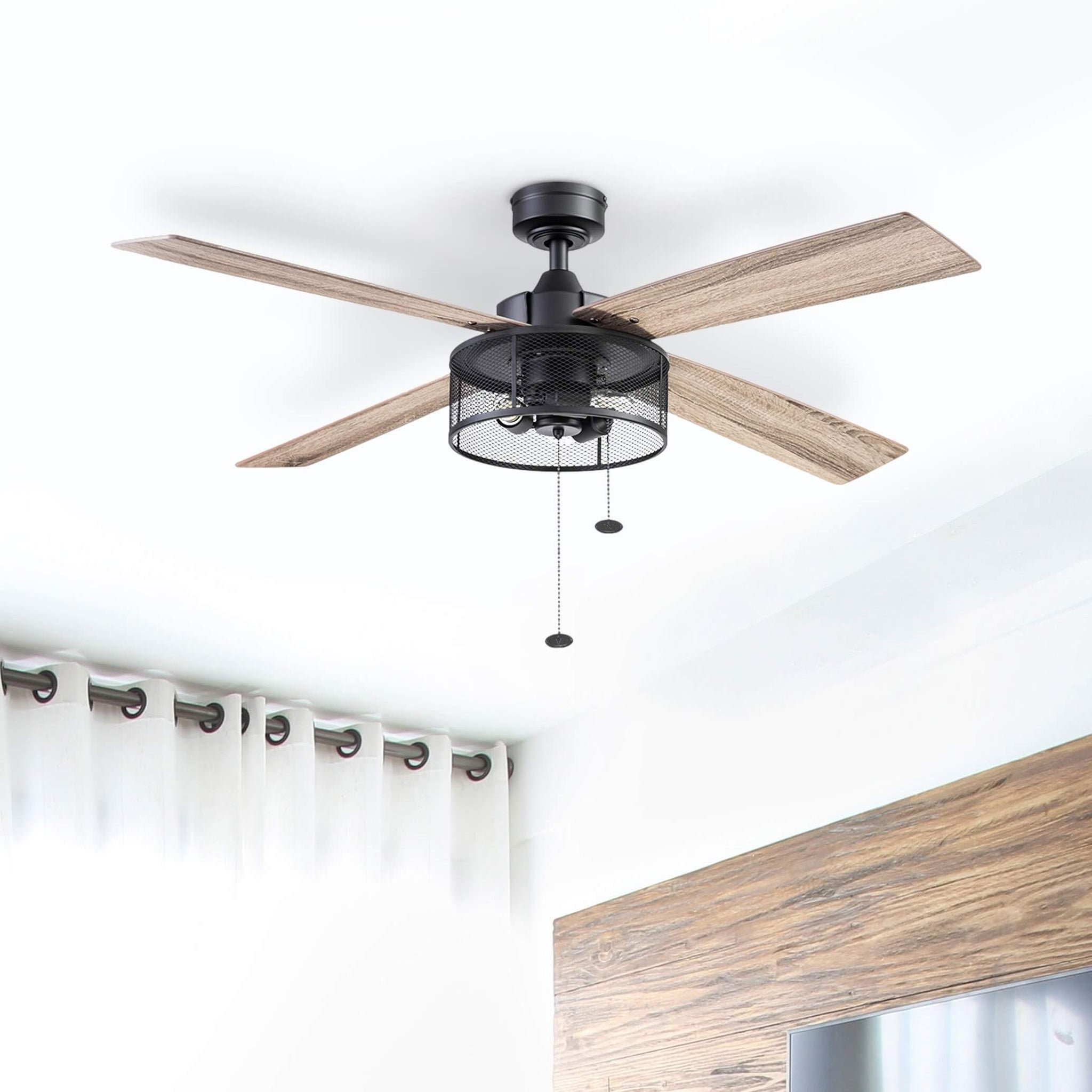 52 Inch Mandino, Matte Black, Pull Chain, Ceiling Fan with Metal Caged LED Light by Prominence Home