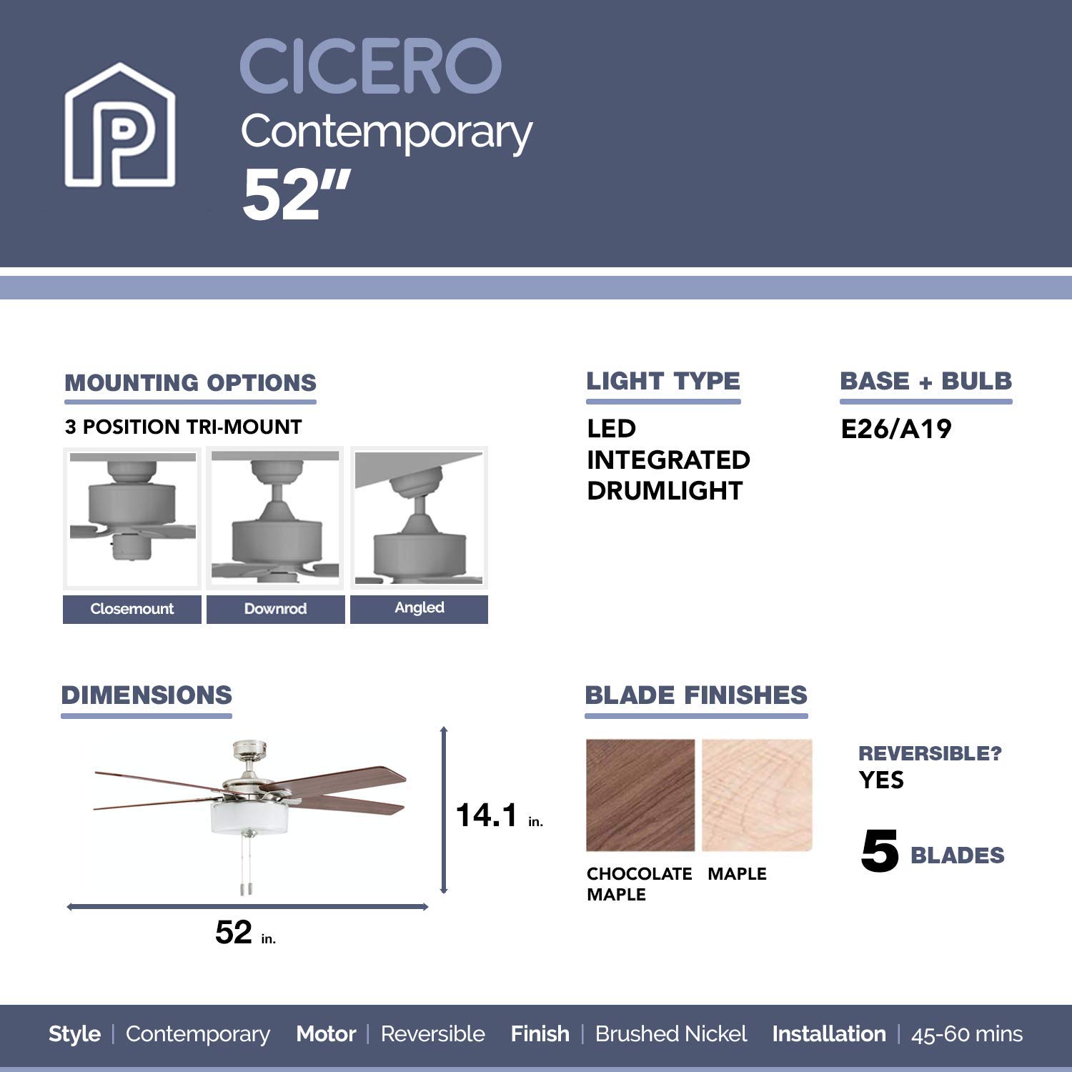 52 Inch Cicero, Brushed Nickel, Pull Chain, Ceiling Fan by Prominence Home
